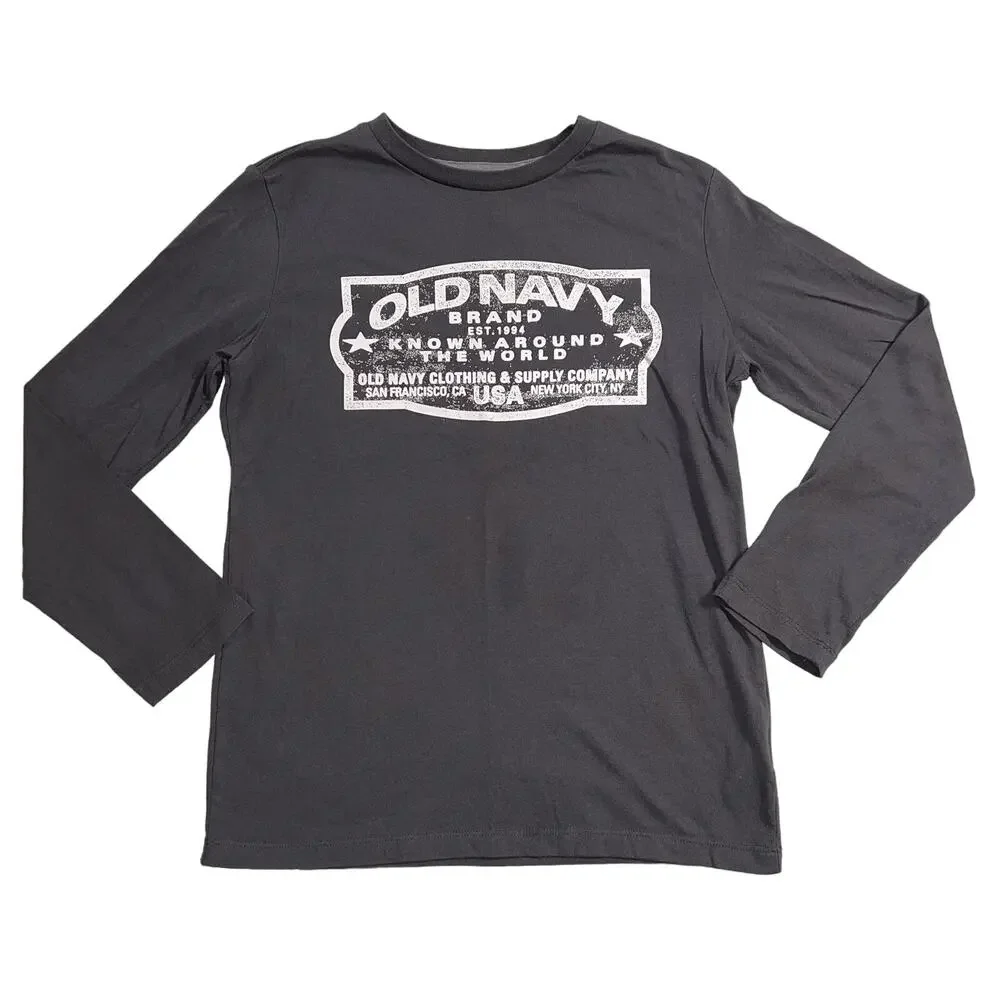 Old Navy Boys Logo T Shirt Top Long Sleeve Crew Neck Black White XL 14 16